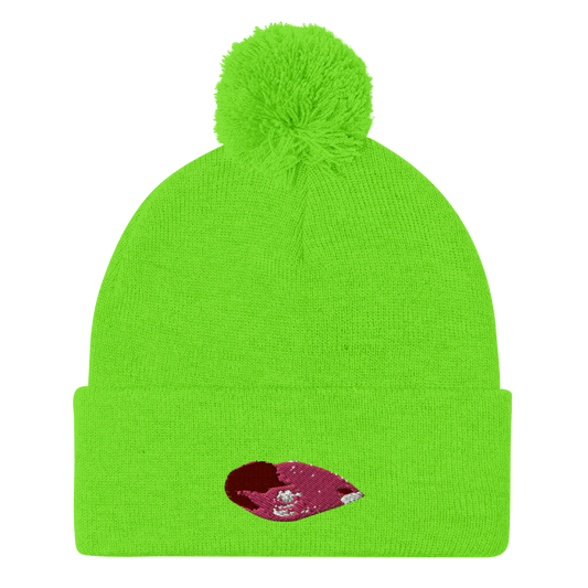 Embroidered T.E.A Lips Pom-Pom Beanie